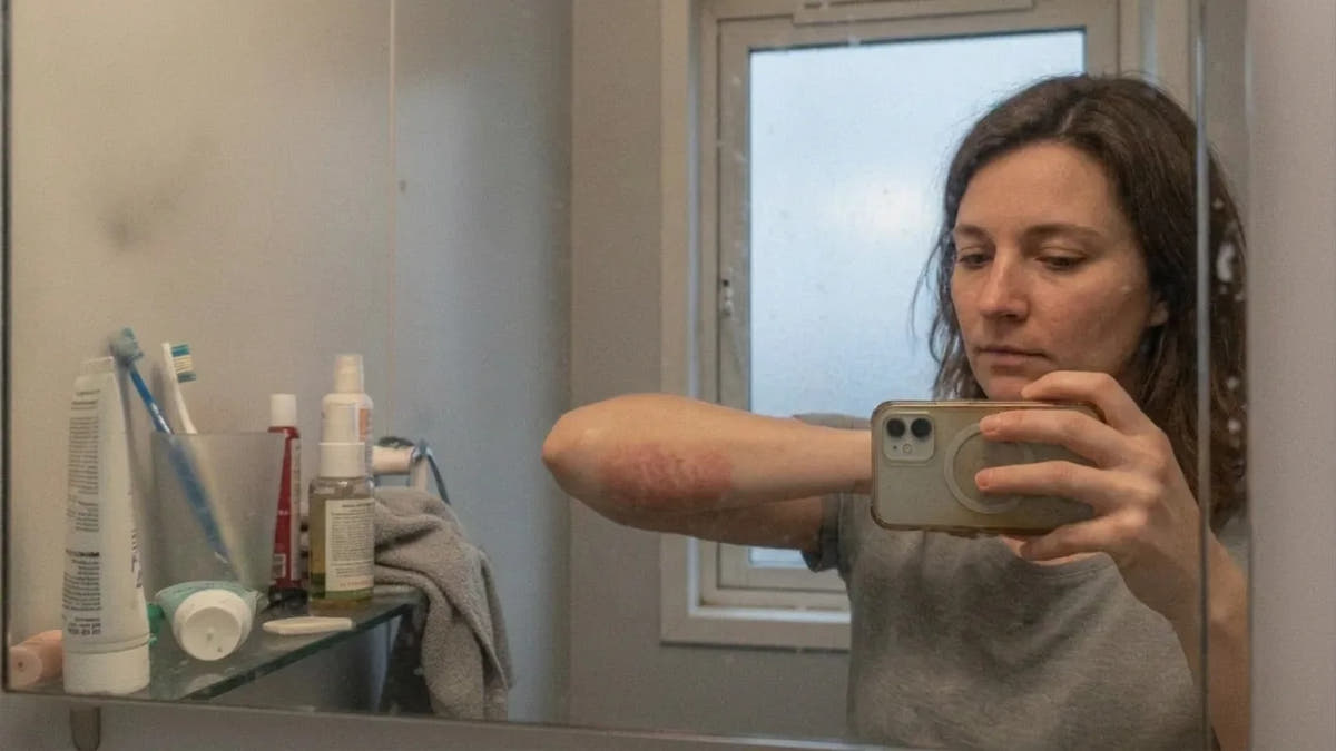 Le rituel du dimanche : une femme photographie son avant-bras dans le miroir de la salle de bain