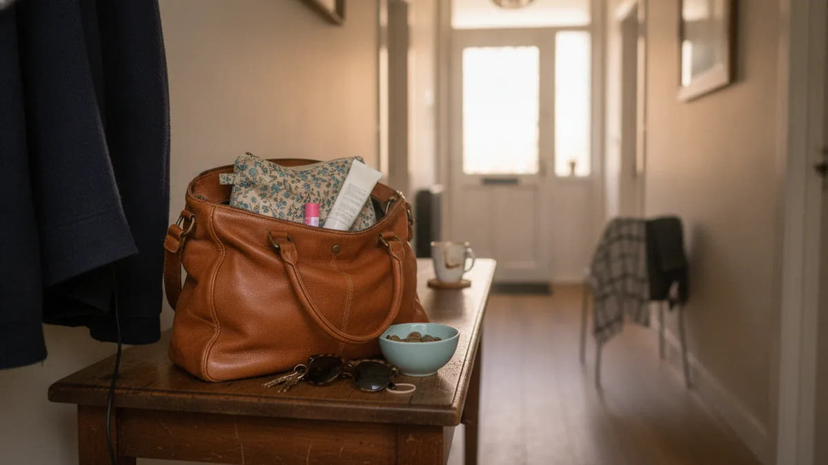 Le sac à main de Marine ouvert dans l'entrée, un tube de crème dépasse de la trousse