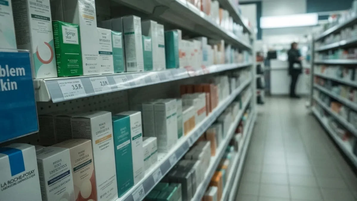 Un rayon de parapharmacie rempli de crèmes pour peaux à problèmes, photographié au téléphone