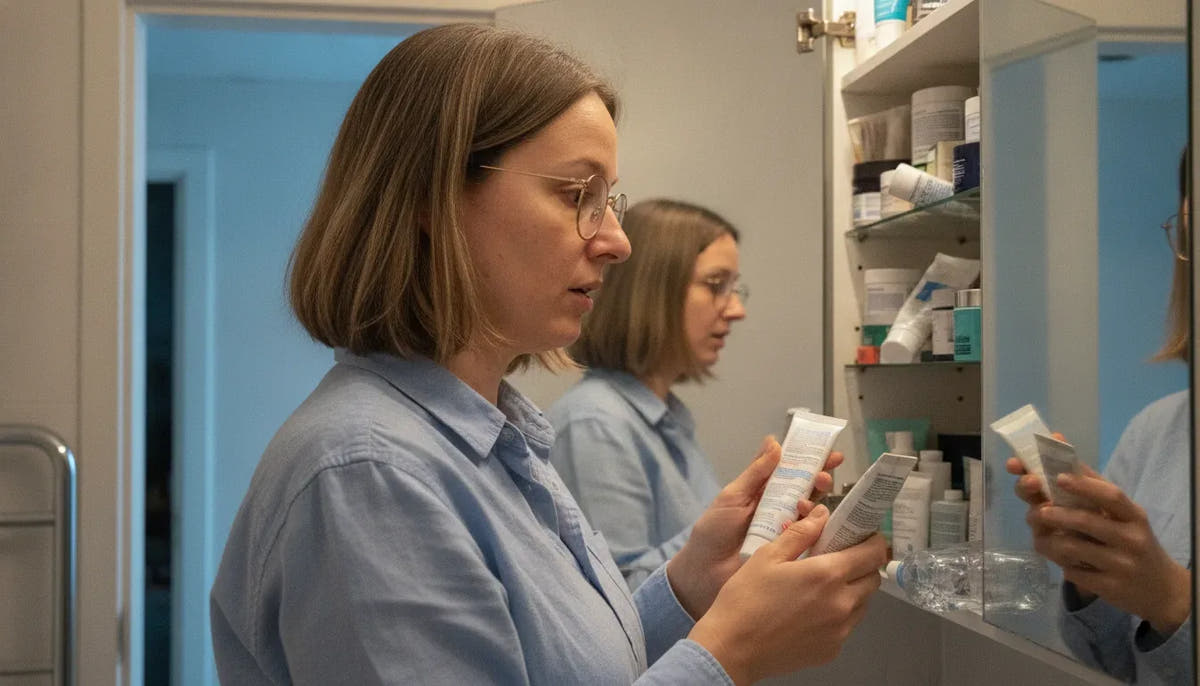 Valérie devant son armoire à pharmacie ouverte, saturée de produits accumulés