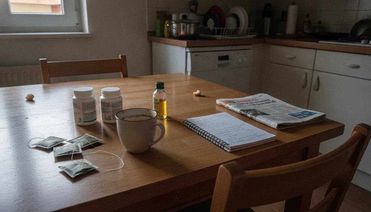 Une table de cuisine avec tisanes, compléments divers et flacon d'huile végétale